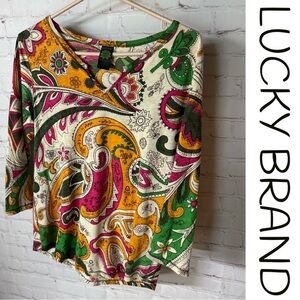 Lucky Brand Y2K Paisley Boho Top – Retro 90s/2000s Floral Swirl Top Size L